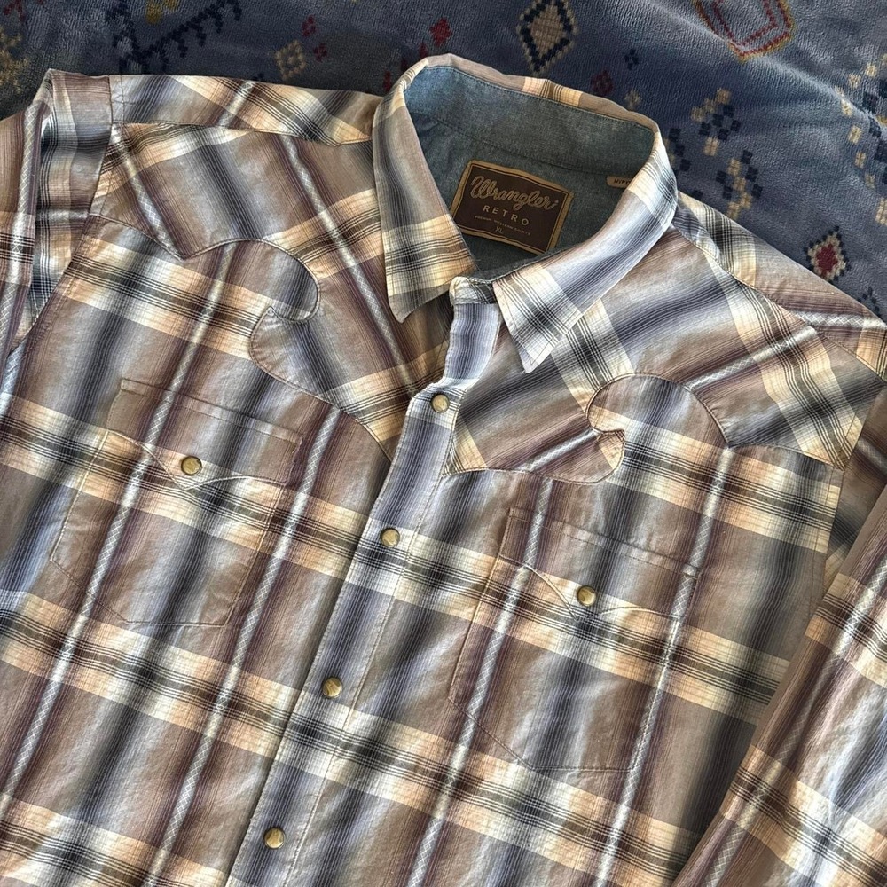 Vintage Wrangler Retro Mens XL Plaid Pearl Snap Western Shirt Brown Long Sleeve